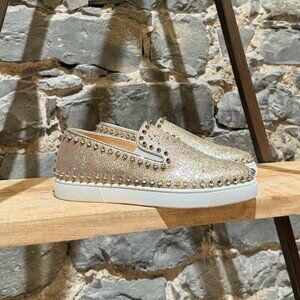 Christian Louboutin Glitter Gold Pik Boat Spike Slip-on Sneakers